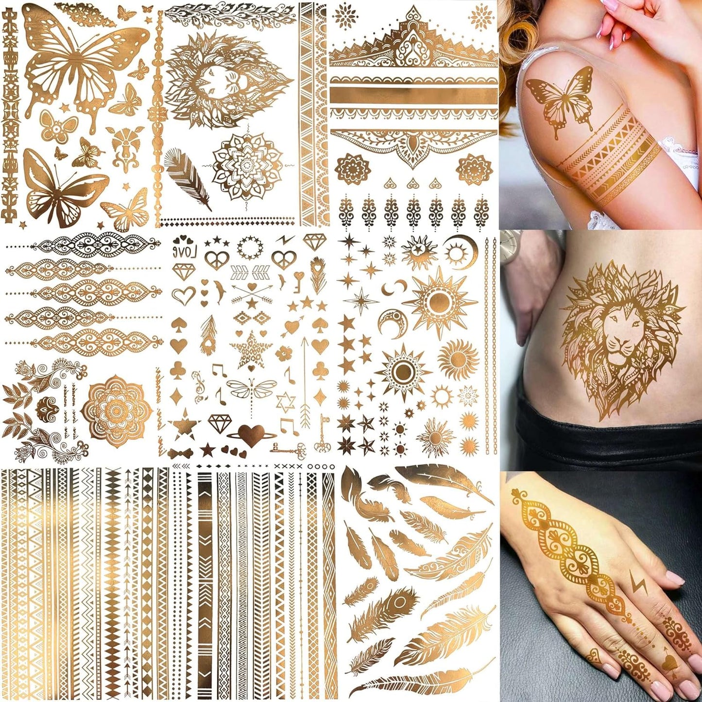 Faux Tatouages éphémères Métalliques Brillants Tattoo Temporaire Autocollants pour adultes femmes enfants