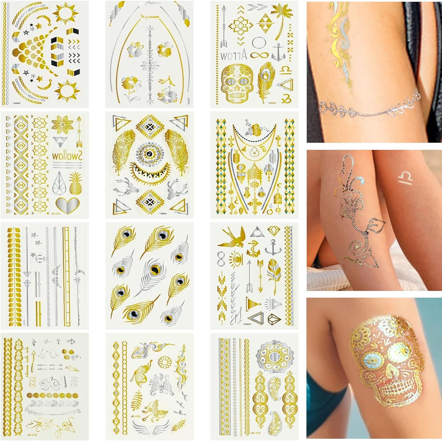 Faux Tatouages éphémères Métalliques Brillants Tattoo Temporaire Autocollants pour adultes femmes enfants